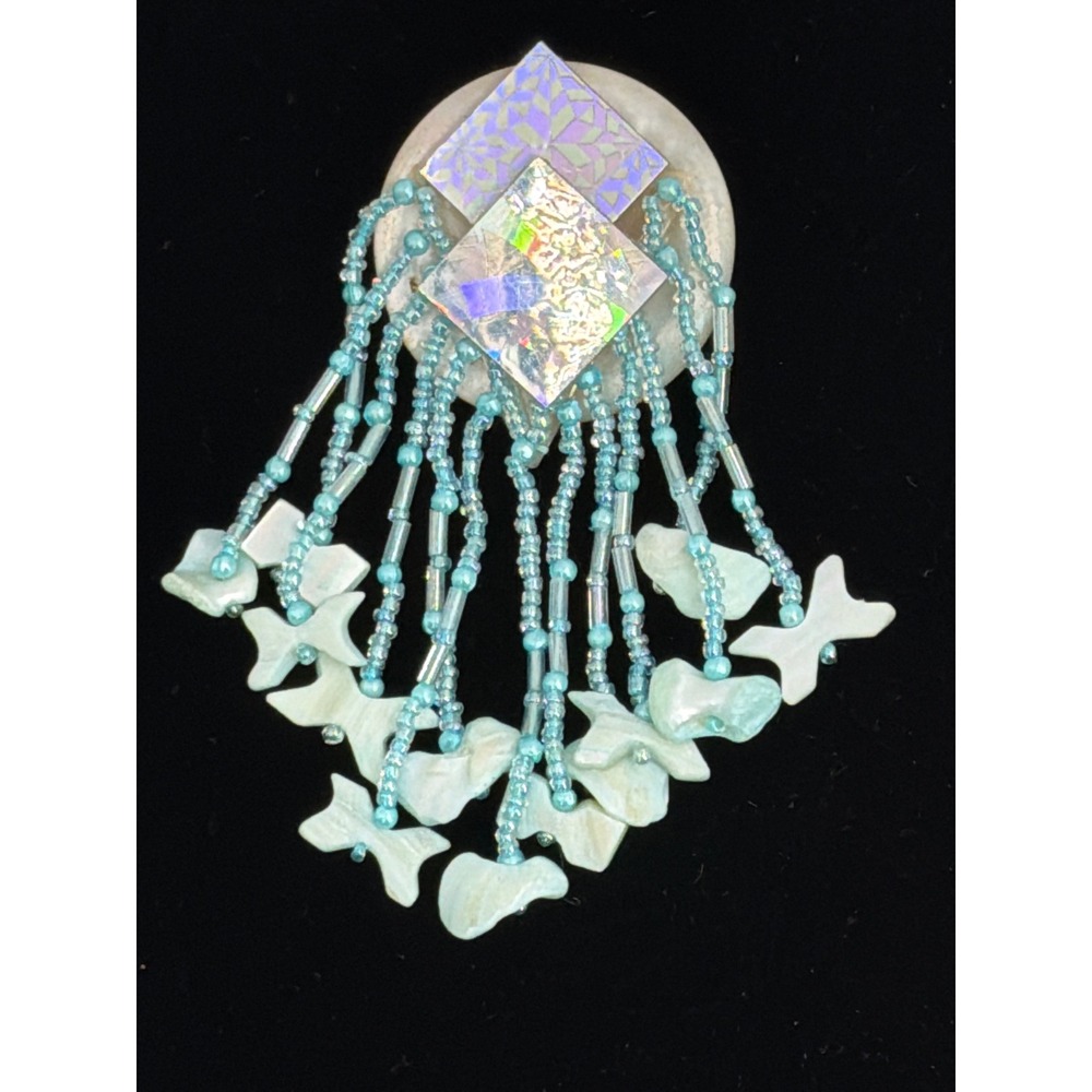 Vintage Beaded Tassel Brooch Holographic Shell Jellyfish Turquoise Blue Pin